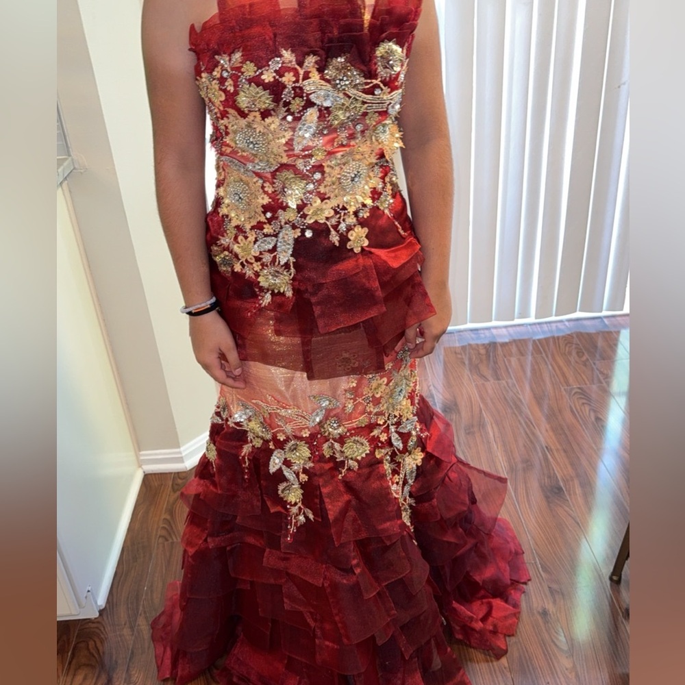 Elegant Red Dress with Gold Accents
